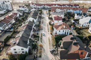 Aerial view of a suburban neighborhood